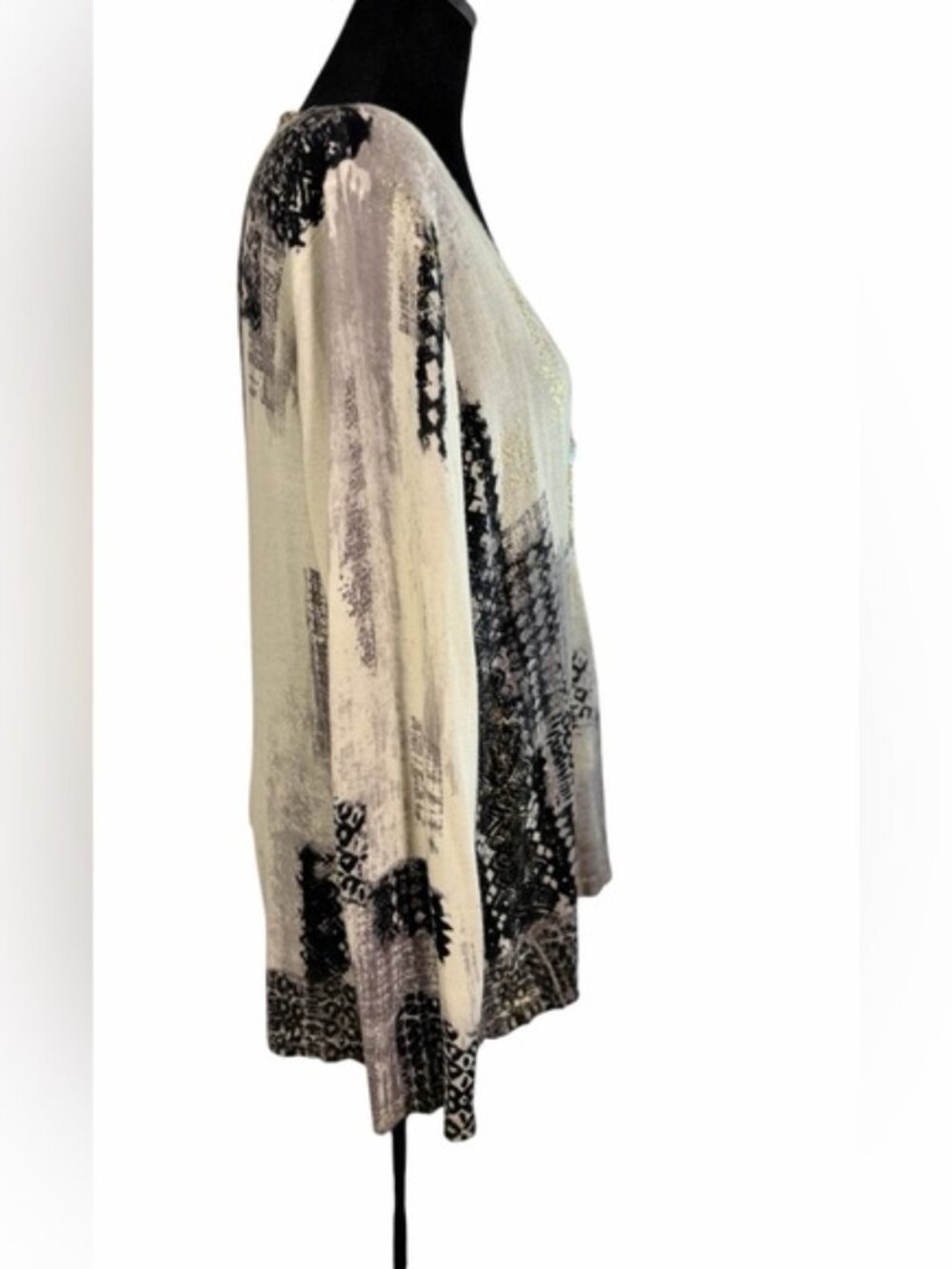 Chico’s Abstract Animal Print Cardigan Metallic Trim Size 2 L - Picture 4 of 9
